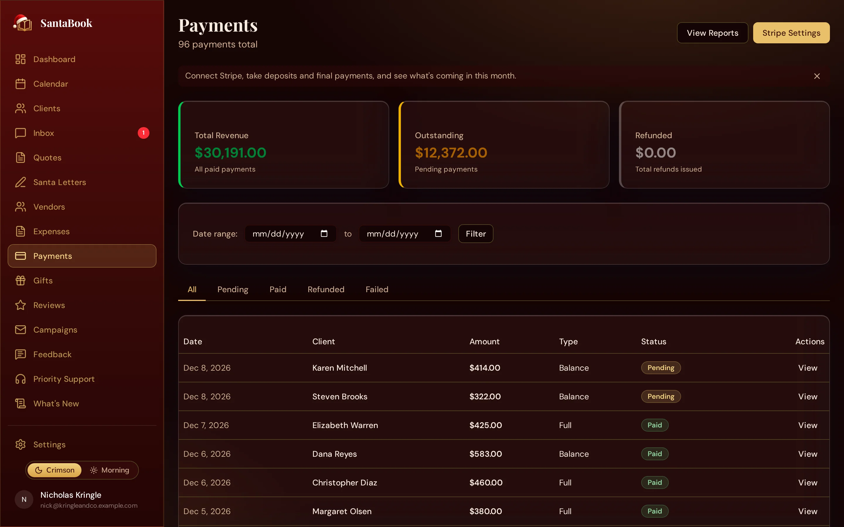 The SantaBook payments ledger, showing deposits and balances with their amounts, due dates, and paid status